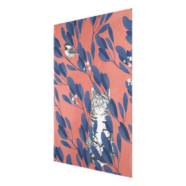 Quadros modernos Illustration Cat And Bird On Branch Blue Red