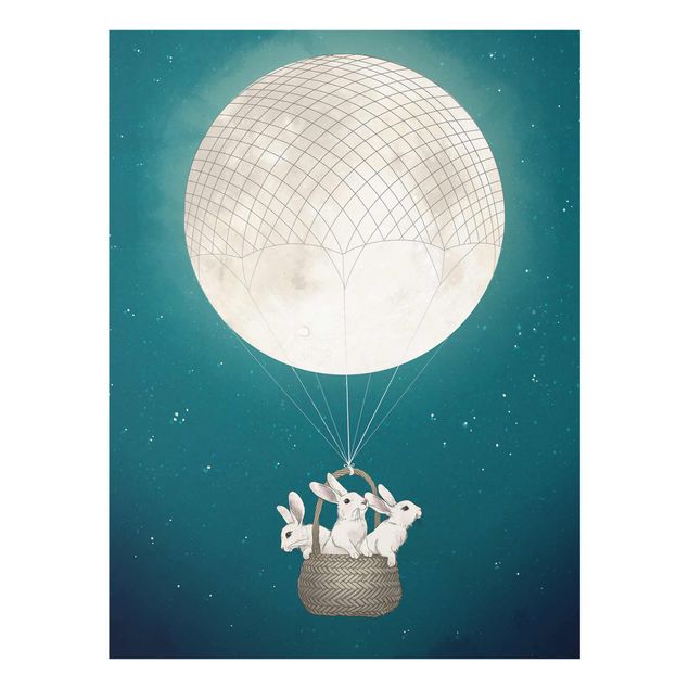 quadros modernos para quarto de casal Illustration Rabbits Moon As Hot-Air Balloon Starry Sky