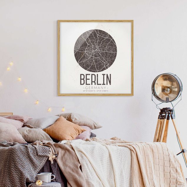 Quadros com moldura em preto e branco City Map Berlin - Retro