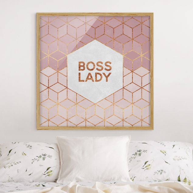 Quadros com moldura frases Boss Lady Hexagons Pink