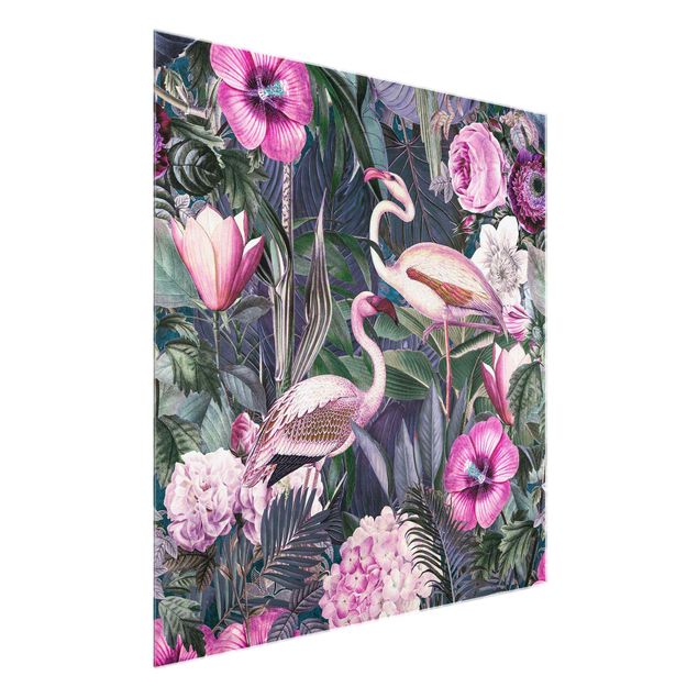 Quadros em vidro flores Colourful Collage - Pink Flamingos In The Jungle