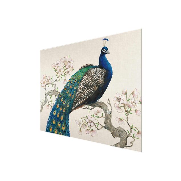 Quadros florais Vintage Peacock With Cherry Blossoms