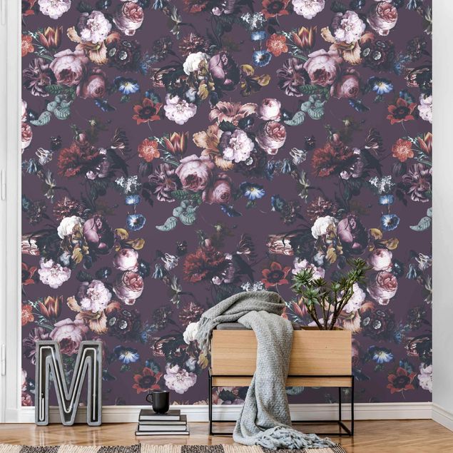 papel de paredes rosas Old Masters Flowers With Tulips And Roses On Purple