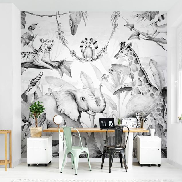 Papel de parede elefantes Watercolour Africa Animals Black And White
