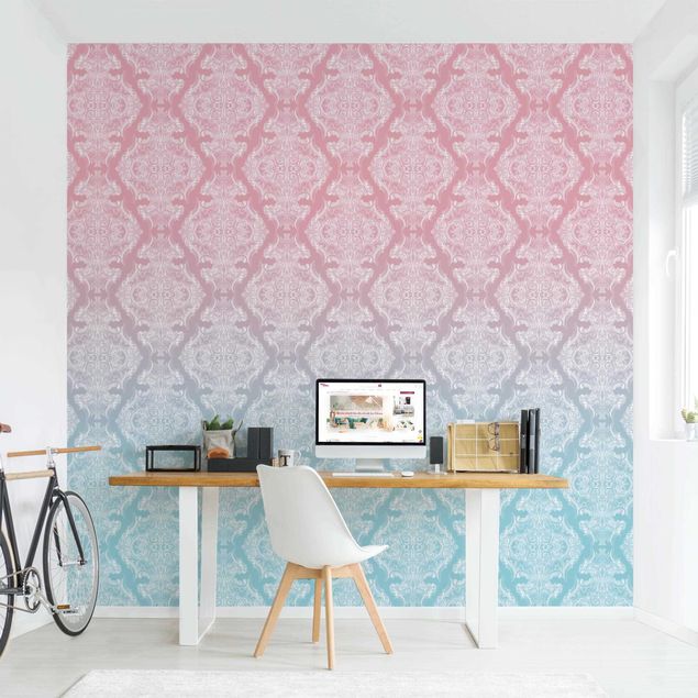 Papel de parede padrões Watercolour Baroque Pattern With Blue Pink Gradient