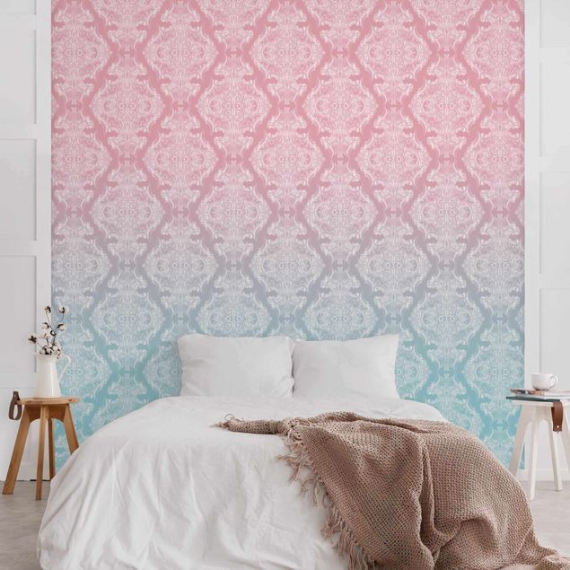 papel de parede para quarto de casal moderno Watercolour Baroque Pattern With Blue Pink Gradient