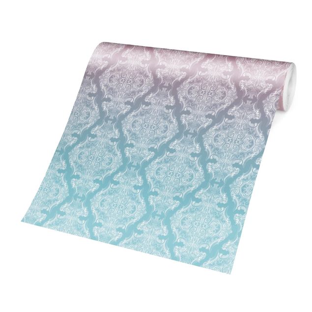 papel parede rosa Watercolour Baroque Pattern With Blue Pink Gradient