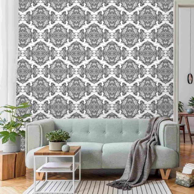 Papel de parede ornamental Watercolour Baroque Pattern With Ornaments In Gray