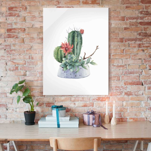 Quadros em vidro flores Watercolour Cacti Illustration