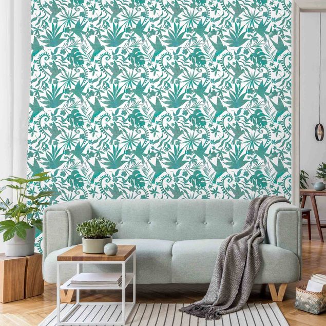 decoraçao para parede de cozinha Watercolour Hummingbird And Plant Silhouettes Pattern In Turquoise