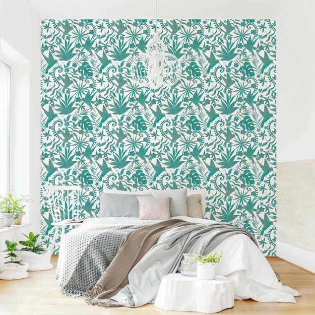 Papel de parede padrões Watercolour Hummingbird And Plant Silhouettes Pattern In Turquoise