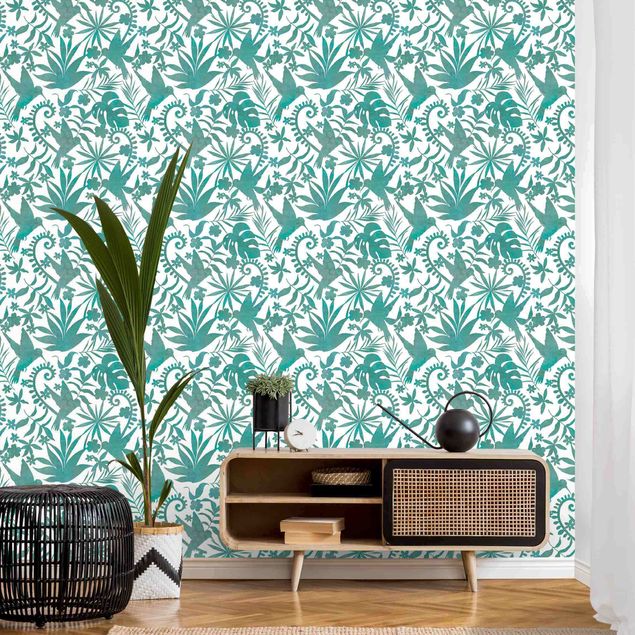 papel de parede para quarto de casal moderno Watercolour Hummingbird And Plant Silhouettes Pattern In Turquoise