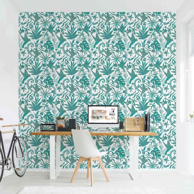papel de parede floral Watercolour Hummingbird And Plant Silhouettes Pattern In Turquoise