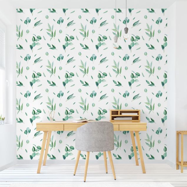 papel de parede moderno Watercolor Pattern Leaves And Eucalyptus