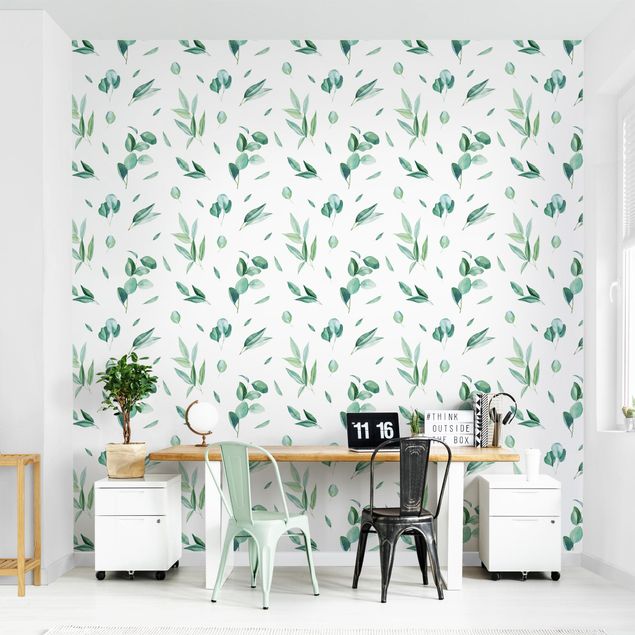 Papel de parede com flores Watercolor Pattern Leaves And Eucalyptus