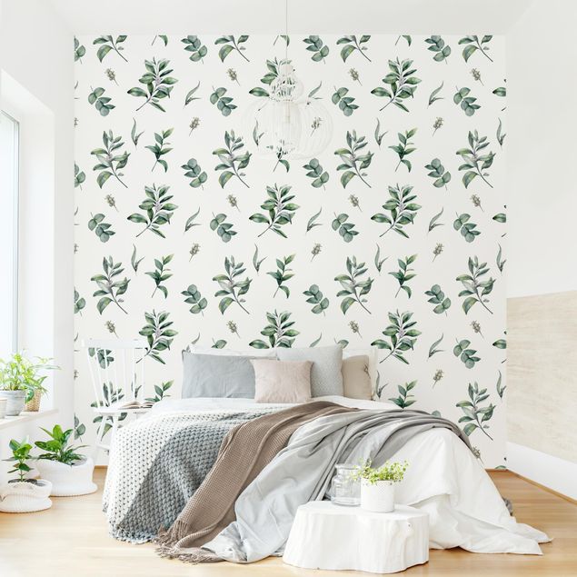 papel de parede moderno Watercolor Pattern Branches And Leaves