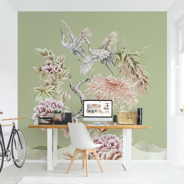 Papel de parede com pássaros Watercolour Storks In Flight With Flowers On Green