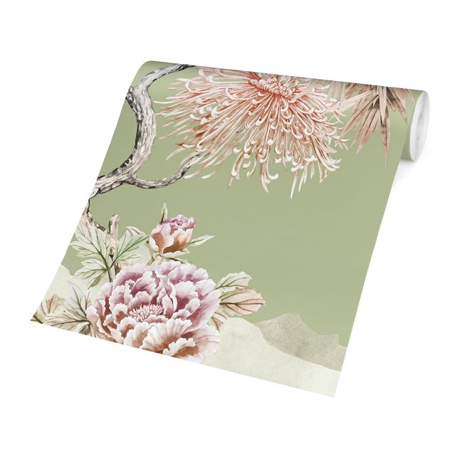 Papel de parede com flores Watercolour Storks In Flight With Flowers On Green