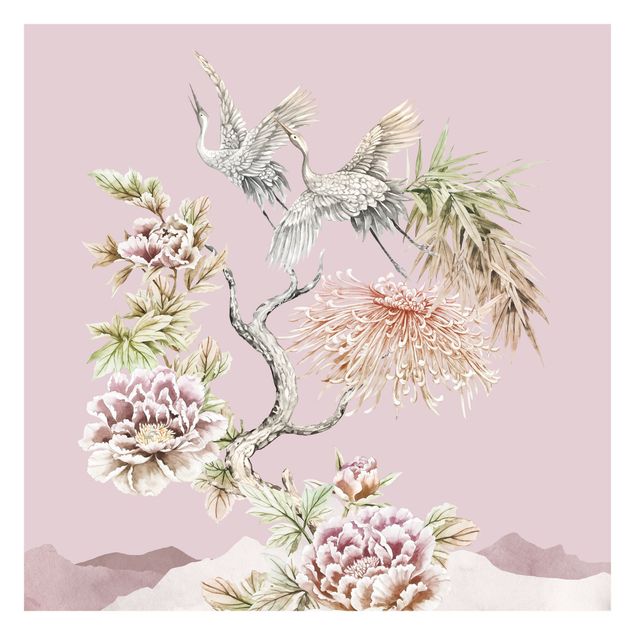 papéis de parede de animais Watercolour Storks In Flight With Flowers On Pink
