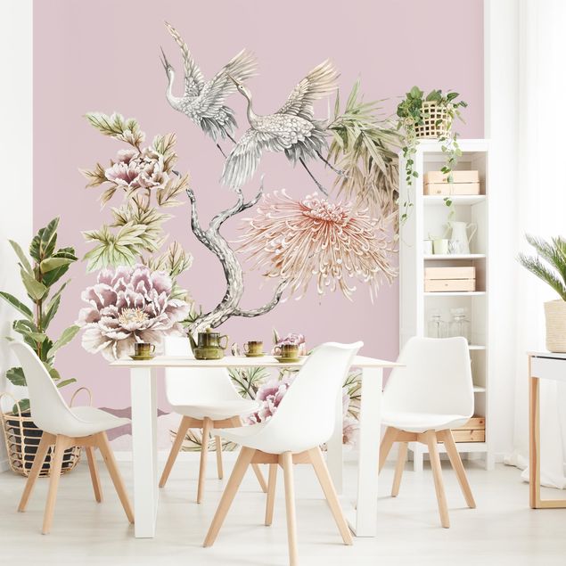 papel de parede moderno para sala Watercolour Storks In Flight With Flowers On Pink