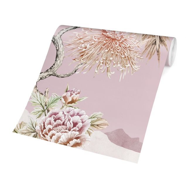 papel parede de flor Watercolour Storks In Flight With Flowers On Pink