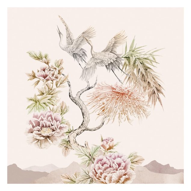 papel de parede com animais Watercolour Storks In Flight With Flowers
