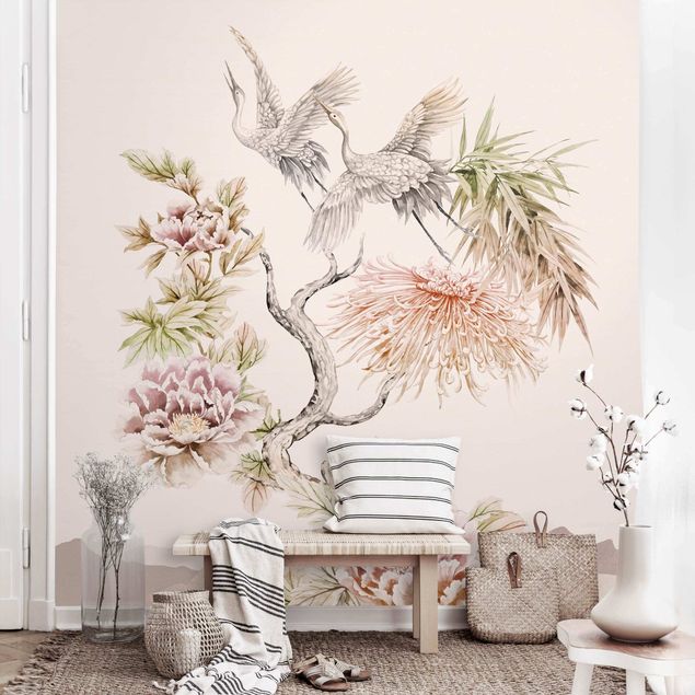 decoraçao para parede de cozinha Watercolour Storks In Flight With Flowers