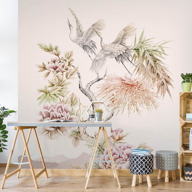 papel de parede para quarto de casal moderno Watercolour Storks In Flight With Flowers