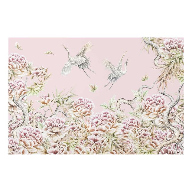 quadro com flores Watercolour Storks In Flight With Roses On Pink