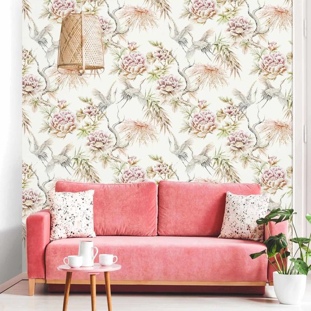 papel parede rosas Watercolour Birds With Large Flowers