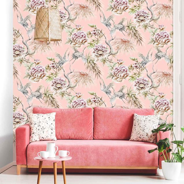 Papel de parede com pássaros Watercolour Birds With Large Flowers In Front Of Pink