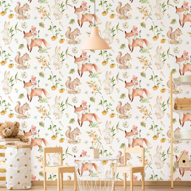 Papel de parede padrões Watercolour Forest Animals Fox And Rabbit