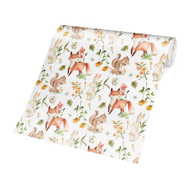 papel parede bege Watercolour Forest Animals Fox And Rabbit