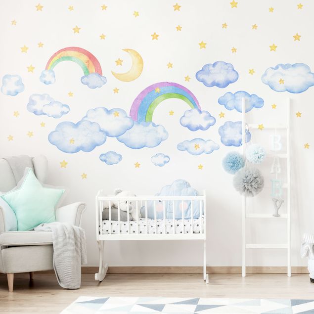 decoração quarto bebé Watercolour Clouds Rainbow Stars Set
