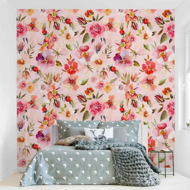 Papel de parede padrões Watercolour Flowers On Light Pink