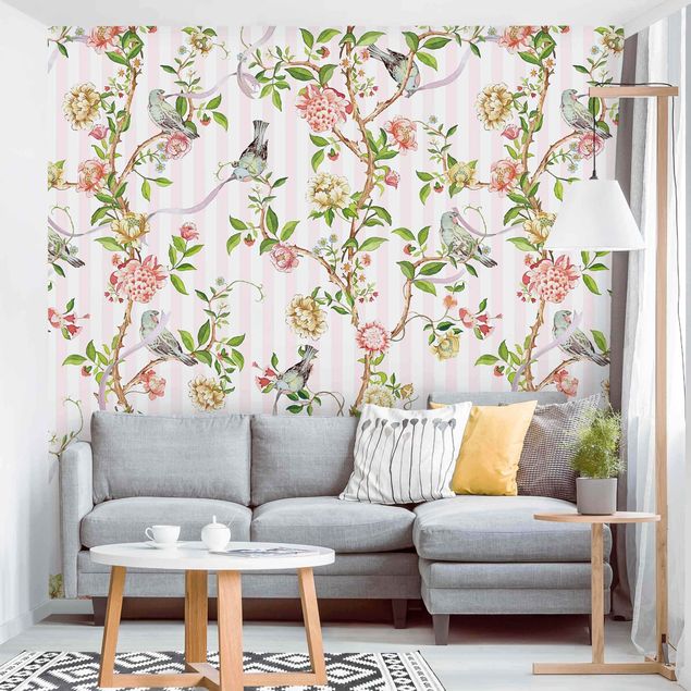 papel de parede moderno Watercolour Flower Tendrils With Birds