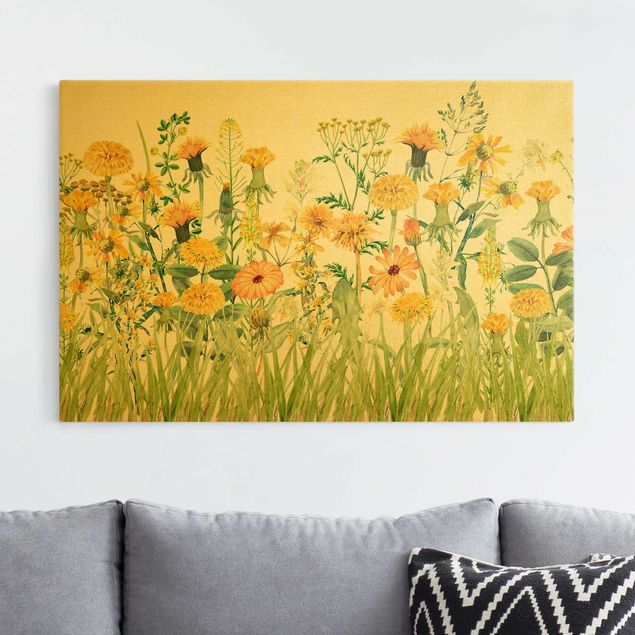 Telas decorativas leões Watercolour Flower Meadow In Yellow
