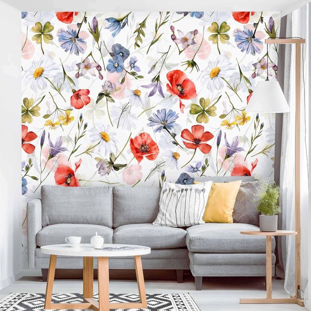papel de parede moderno para sala Watercolour Poppy With Cloverleaf