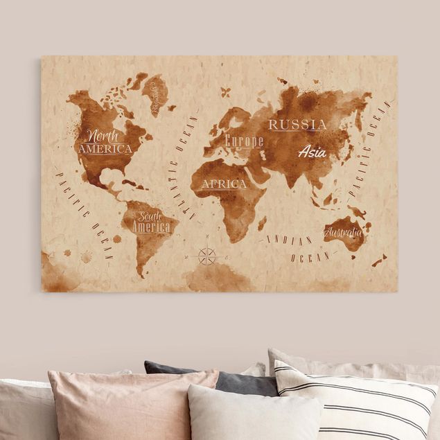 Quadros mapa mundi Watercolour Look World Map Beige Brown