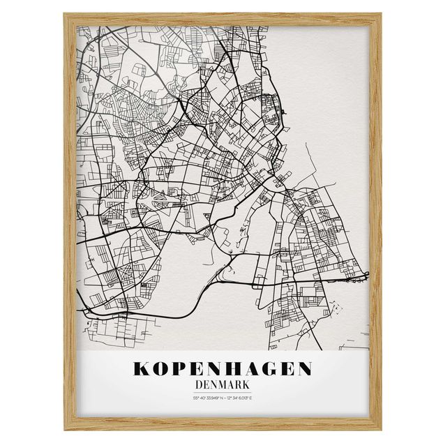 Quadros com moldura mapa-múndi Copenhagen City Map - Classic
