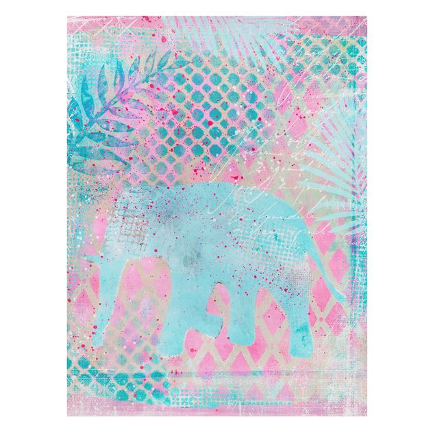 Telas decorativas flores Colourful Collage - Elephant In Blue And Pink