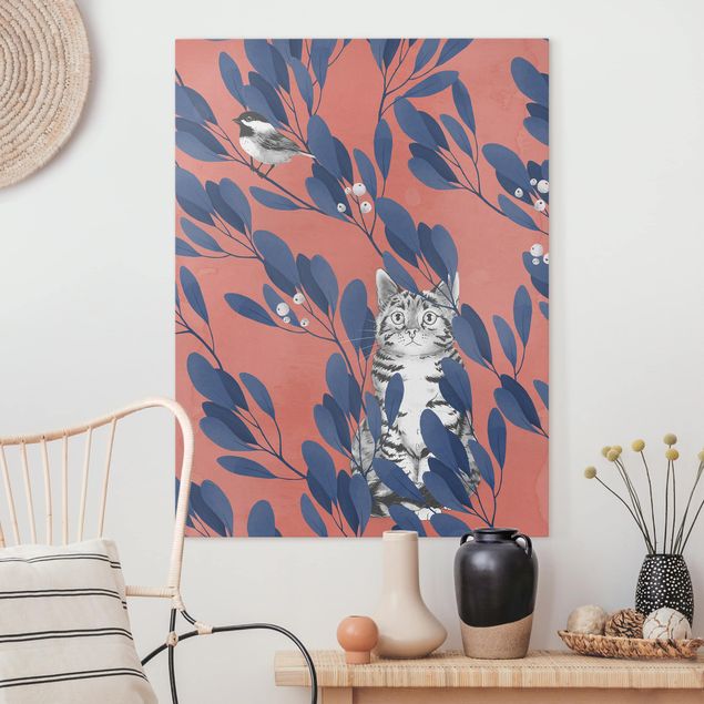 Telas decorativas animais Illustration Cat And Bird On Branch Blue Red