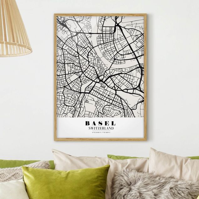 Quadros com moldura em preto e branco Basel City Map - Classic