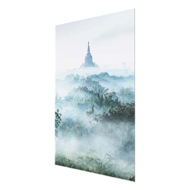 Quadros em vidro cidades e paisagens urbanas Morning Fog Over The Jungle Of Bagan