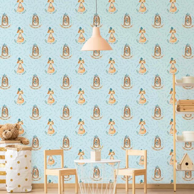 papel de parede moderno para sala Bears And Foxes In Front Of Blue