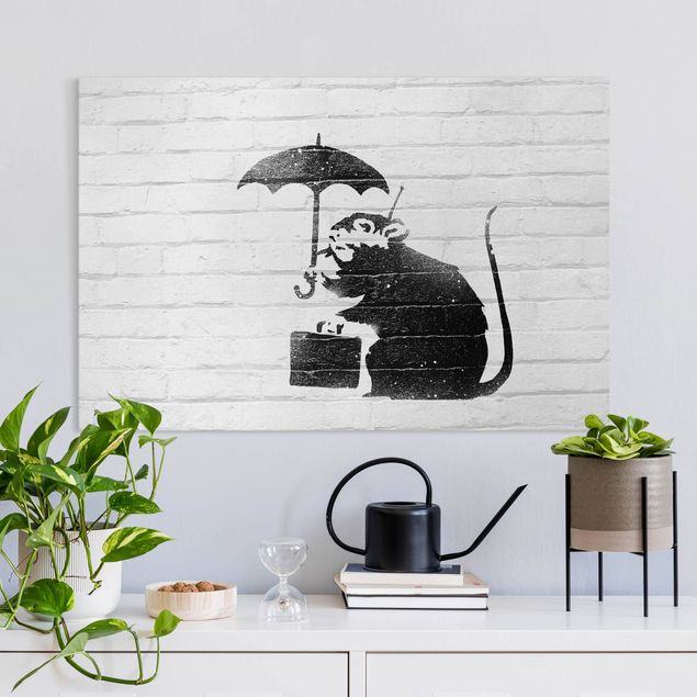 Telas decorativas em preto e branco Banksy - Rat With Umbrella