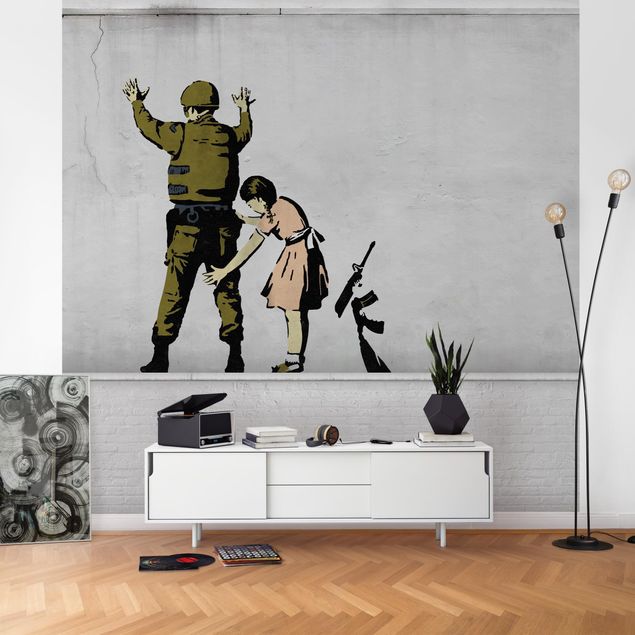 papel de parede para quarto de casal moderno Girl Frisking Soldier - Brandalised ft. Graffiti by Banksy
