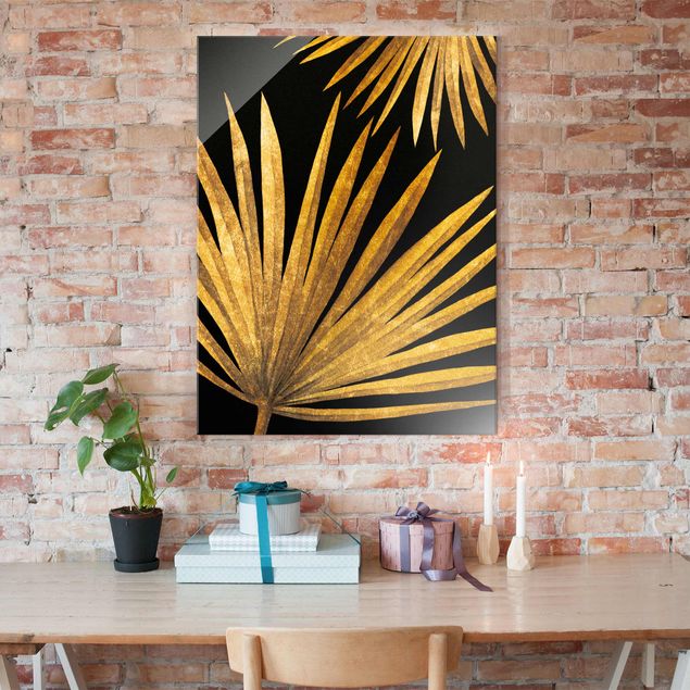 decoraçao para parede de cozinha Gold - Palm Leaf On Black
