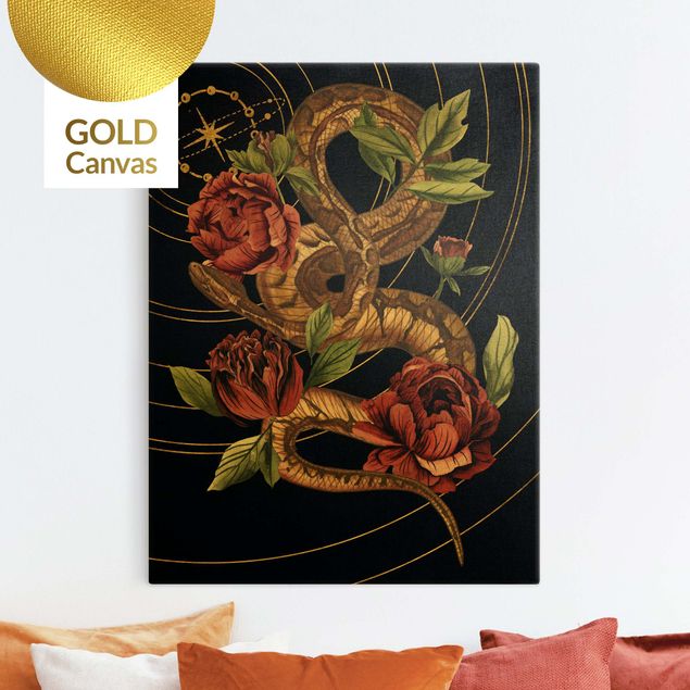 Telas decorativas flores Snake With Roses Black And Gold IV