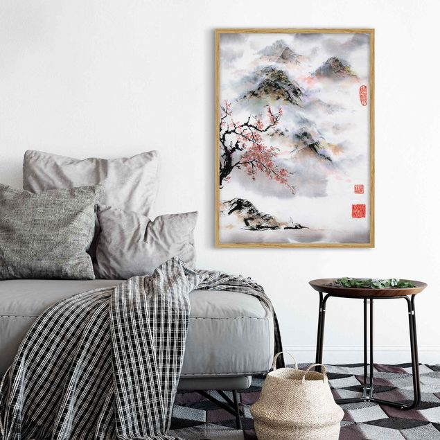 Quadros montanhas Japanese Watercolour Drawing Cherry Tree And Mountains
